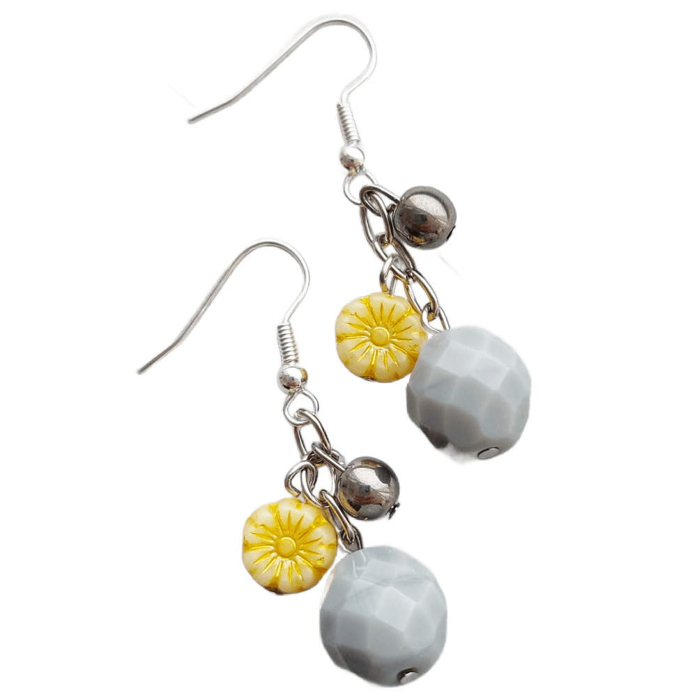 Sample Sale - Sunshine Yellow & Grey Three Bead Earrings